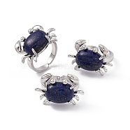 Natural Lapis Lazuli Crab Open Cuff Ring, Platinum Brass Jewelry for Women, Cadmium Free & Lead Free, US Size 7 1/4(17.5mm)(RJEW-I090-01P-11)
