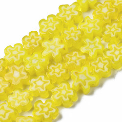 Handmade Millefiori Glass Bead Strands, Flower, Yellow, 5.5~8x2.5mm, Hole: 1mm, about 64~67pcs/strand, 15.75 inch~16.34 inch(40~41.5cm)(LAMP-J035-6mm-25)