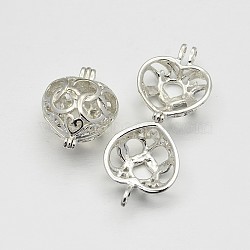 Brass Locket Pendants, Cage Pendants, Heart, Silver Color Plated, 21x16x12mm, Hole: 3x2mm(KK-N0072-10S)