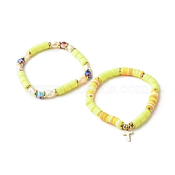 Handmade Polymer Clay Stretch Bracelets Sets, with Millefiori Glass Beads and Pearl Beads, Brass Beads and Cross Charm, Light Yellow, Inner Diameter: 2-1/8 inch(5.5cm), 2pcs/set(BJEW-JB06350-03)
