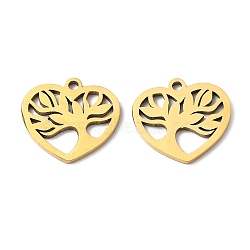 Ion Plating(IP) 316L Surgical Stainless Steel Charms, Heart with Tree of Life Charm, Real 18K Gold Plated, 14x15x1mm, Hole: 1mm(STAS-D046-13G)