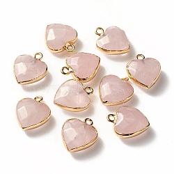 Electroplate Natural Rose Quartz Pendants, with Cadmium Free & Nickel Free & Lead Free Iron Findings, Faceted, Heart, Golden, 16~17x14~15x6~7mm, Hole: 1.8mm(G-T112-03H)