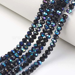 Electroplate Opaque Solid Color Glass Beads Strands, Half Rainbow Plated, Faceted, Rondelle, Black, 4x3mm, Hole: 0.4mm, about 123~127pcs/strand, 16.5~16.9 inch(42~43cm)(X-EGLA-A034-P4mm-L01)