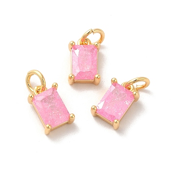 Real 18K Gold Plated Brass Micro Pave Cubic Zirconia Pendants, with Jump Rings, Rectangle, Pearl Pink, 10x6x4mm, Hole: 3mm