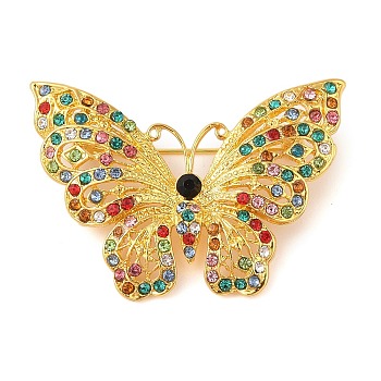 Butterfly Zinc Alloy Rhinestone Brooches for Backpack Clothes, Golden, 37x50~53mm