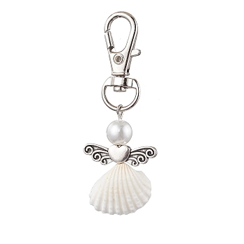 Angel Spiral Shell Pendant Decooration, Glass Pearl Round Bead & Alloy Swivel Lobster Claw Clasps Charms for Bag Ornaments, Heart, 62.5mm
