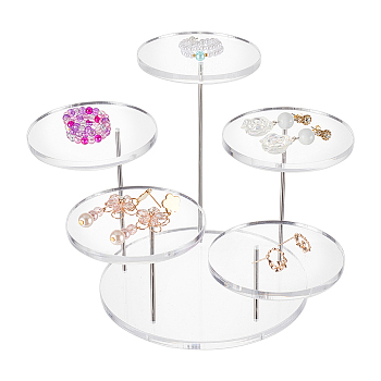 5-Tier Round Acrylic Finger Ring Rotating Display Risers, Jewelry Organizer Holder for Rings Storage, with 304 Stainless steel Ring Holder, White, 7.55~12.6x0.55cm