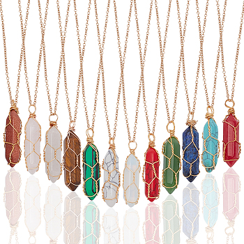 12Pcs 12 Style Natural & Synthetic Mixed Gemstone Bullet Pendant Necklaces Set, Golden Brass Wired Wrapped Necklace with Iron Chains for Women, 18.62 inch(47.3cm), 1 Pc/style