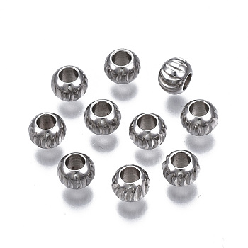 201 Stainless Steel Corrugated Beads, Round, Stainless Steel Color, 6x4.5mm, Hole: 2.5mm