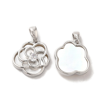 Brass Crystal Rhinestone Flower Charms with Natural Shell, Platinum, 15x14x4mm, Hole: 2x4.8mm
