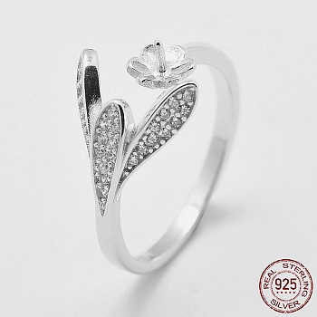 Adjustable Rhodium Plated 925 Sterling Silver Cuff Rings, Open Rings Components, For Half Drilled Beads, with Cubic Zirconia, Flower and Leaf, Size 6, Platinum, Tray: 5mm, 16mm, pin: 0.6mm