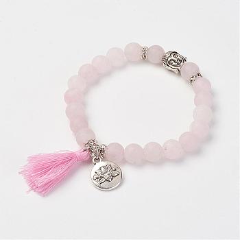 Natural Rose Quartz Beads Stretch Bracelets, with Brass & Alloy Findings & Tassel Pendants, Frosted, Round & Buddha Head, Burlap Packing, 2-1/8 inch(53mm)