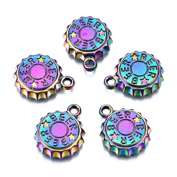 Alloy Pendants, Cadmium Free & Nickel Free & Lead Free, Bottle Cap with Word BEER, Rainbow Color, 17.5x14x3.5mm, Hole: 1.8mm