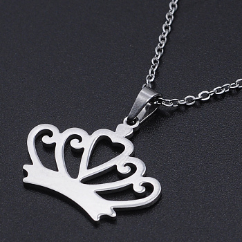 201 Stainless Steel Pendants Necklaces, with Cable Chains and Lobster Claw Clasps, Crown, Stainless Steel Color, 17.71 inch(45cm), 1.5mm