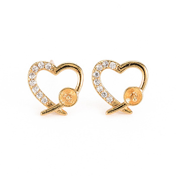 Brass Micro Pave Clear Cubic Zirconia Stud Earring Findings, for Half Drilled Beads, Nickel Free, Heart, Real 18K Gold Plated, 9.5x10mm, Pin: 0.8mm, Pin: 0.8mm(for half drilled beads)