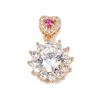 Brass Micro Pave Cubic Zirconia Pendants, Round with Heart Charms, Long-Lasting Plated, Lead Free & Cadmium Free, Clear, 22x14.5x7.5mm, Hole: 3.5x1.8mm