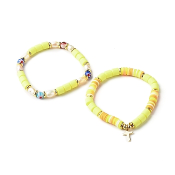Handmade Polymer Clay Stretch Bracelets Sets, with Millefiori Glass Beads and Pearl Beads, Brass Beads and Cross Charm, Light Yellow, Inner Diameter: 2-1/8 inch(5.5cm), 2pcs/set