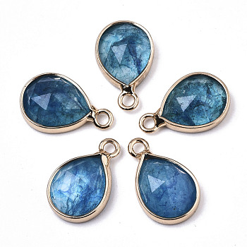 Glass Charms, with Light Gold Tone Brass Findings, Teardrop, Faceted, Deep Sky Blue, 14x9x4.5mm, Hole: 1.5mm