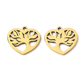 Ion Plating(IP) 316L Surgical Stainless Steel Charms, Heart with Tree of Life Charm, Real 18K Gold Plated, 14x15x1mm, Hole: 1mm