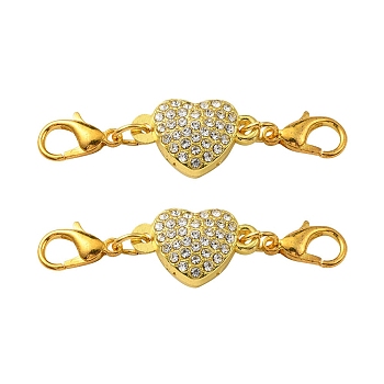 Alloy Crystal Rhinestone Magnetic Clasps, with Lobster Claw Clasps, Heart, Golden, 45mm, Lobster Clasp: 12x7x3mm, Heart: 11x18x7mm