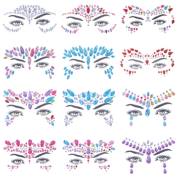 Globleland 12 Sets 12 Styles Self Adhesive Acrylic Rhinestone Face Gems Stickers, Jewels Temporary Tattos Crystal for Party Supplies, Mixed Color, 6.5~8x10.2~12.6cm, 1 set/style