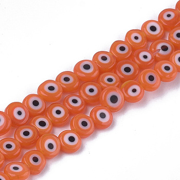 Handmade Evil Eye Lampwork Beads Strands, Flat Round, Coral, 6x2.5mm, Hole: 1mm, about 64~65pcs/strand, 14.1 inch~14.5 inch