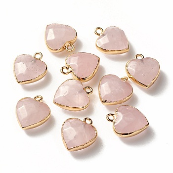 Electroplate Natural Rose Quartz Pendants, with Cadmium Free & Nickel Free & Lead Free Iron Findings, Faceted, Heart, Golden, 16~17x14~15x6~7mm, Hole: 1.8mm
