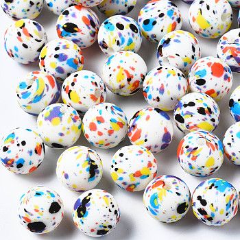 Food Grade Eco-Friendly Silicone Beads, Chewing Beads For Teethers, Printed, Round with Spot, Colorful, 12x11.5mm, Hole: 2.5mm