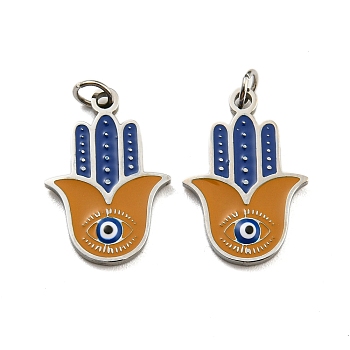 304 Stainless Steel Pendants, with Enamel and Jump Ring, Hamsa Hand with Evil Eye Charm, Stainless Steel Color, 17x12x1.5mm, Hole: 2.5mm