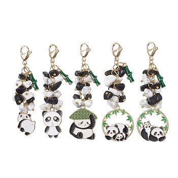 Panda Alloy Enamel Pendant Decorations, Natural Obsidian & Synthetic White Howlite Chip Beads and 304 Stainless Steel Lobster Claw Clasps Charms, White, 65~78mm
