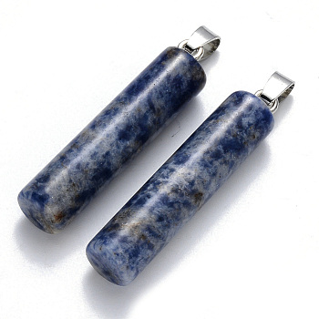Natural Blue Spot Stone Pendants, with Platinum Tone Iron Pinch Bail, Column, 43~46x10mm, Hole: 4x7mm
