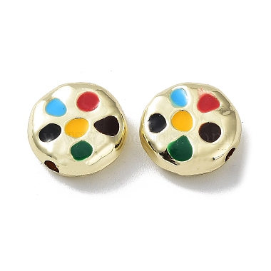 Golden Colorful Flat Round Alloy+Enamel Beads