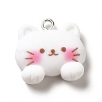 Opaque Resin Pendants, Animal Charm, with Platinum Tone Iron Loops, White, Cat, 20x21x8mm, Hole: 2.2mm(X-RESI-G056-01D)