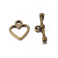 Tibetan Style Toggle Clasp, Lead Free, Cadmium Free and Nickel Free, Antique Bronze, Heart: 12mm wide, 14mm long, Bar: about 19mm long, hole: 1.5mm(X-MLF1178Y-NF)