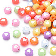 Opaque Acrylic Beads, Flat Round with Heart, Mixed Color, 7x4mm, Hole: 1.5mm(X-MACR-T027-01)