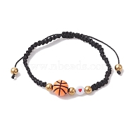 Sport Theme Acylic & Alloy Braided Bead Bracelet, Nylon Thread Adjustable Bracelet, Basketball, Inner Diameter: 2-1/4~3-1/2 inch(5.5~9cm)(BJEW-JB10122-04)