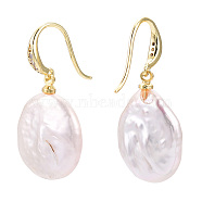Baroque Natural Pearl Dangle Earrings with Cubic Zirconia, Brass Earrings for Women, Real 18K Gold Plated, 28.5~32mmx14~16mm(PEAR-N020-15B)