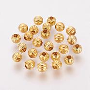 Iron Corrugated Beads, Round, Golden, 6mm, Hole: 2mm, about 3500pcs/1000g(E185Y-G)