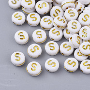 Plating Acrylic Beads, Golden Metal Enlaced, Horizontal Hole, Flat Round with Alphabet, White, Letter.S, 7x3.5mm, Hole: 1.2mm, about 3600pcs/500g(PACR-R242-01S)