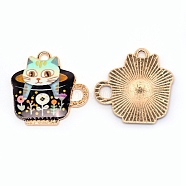 Japanese Style Print Alloy Enamel Pendants, Cup with Cat Charms, Cadmium Free & Lead Free, Black, 22.7x22.5x1.8mm, Hole: 1.8mm and 4x3mm(ENAM-N056-212A-RS)