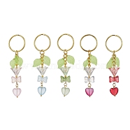 Bowknot & Heart Glass Pendant Decorations, with Acrylic Leaf/Flower Charm amd Iron Split Key Rings, Mixed Color, 8.8cm(KEYC-JKC00691)