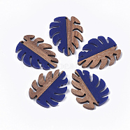 Resin & Walnut Wood Pendants, Tropical Leaf Charms, Monstera Leaf, Dark Blue, 37.5x30x3~3.5mm, Hole: 2mm(RESI-S358-57H)