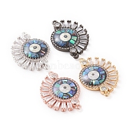 Brass Micro Pave Cubic Zirconia Links Connectors, with Abalone Shell/Paua Shell & Natural White Shell, Cadmium Free & Nickel Free & Lead Free, Eye, Clear, Mixed Color, 25x18x3.8mm, Hole: 1mm(ZIRC-K085-08)