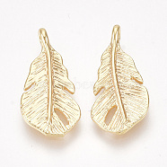 Brass Pendants, Feather, Nickel Free, Real 18K Gold Plated, 18x8.5x3mm, Hole: 1mm(KK-S350-254)
