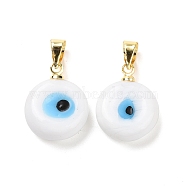 Handmade Lampwork Evil Eye Pendants, with Real 18K Gold Plated Brass Findings, Cadmium Free & Lead Free, White, 15x12x5mm, Hole: 4.5x3.5mm(LAMP-P057-01G-06)