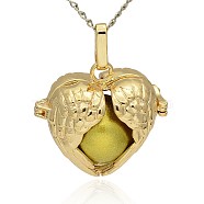 Golden Tone Brass Hollow Heart Cage Pendants, with No Hole Spray Painted Brass Ball Beads, Dark Khaki, 28x30x16mm, Hole: 3x8mm(KK-J241-01G)