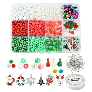 DIY Christams Bracelet Making Kit, Including Glass Round & Polymer Clay Disc Beads, Wreath & Sock Alloy Enamel & Aluminum Bell & Polycotton Tassel Pendant, Mixed Color, 1053Pcs/box(DIY-YW0006-86)