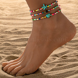 3Pcs Glass Seed Beaded & Starfish Synthetic Turquoise Stretch Anklets for Beach, Colorful, Inner Diameter: 2-3/8 inch(60mm)(WGF8999-02)