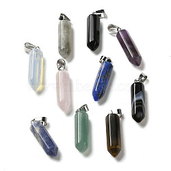 Natural & Synthetic Mixed Gemstone Pointed Pendants, Faceted Bullet Charms with Brass Snap on Bails, Platinum, 24~25x6~6.5x6~6.5mm, Hole: 6x3mm(G-K354-06P)