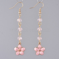 Dangle Earrings, with Brass Earring Hooks, Round Glass Beads and Flower Zinc Alloy Enamel, Pink, 69mm, Pin: 0.6mm(EJEW-JE04016-04)